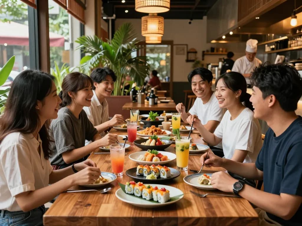Friends enjoying delicious Asian fusion cuisine at RED88 restaurant, vibrant dishes and cocktails create an inviting atmosphere.