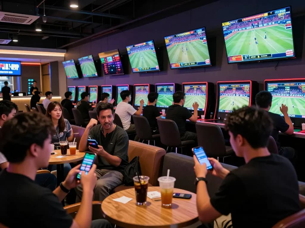 Engaged bettors using the 98win club app during live sporting events, excitement in the lounge