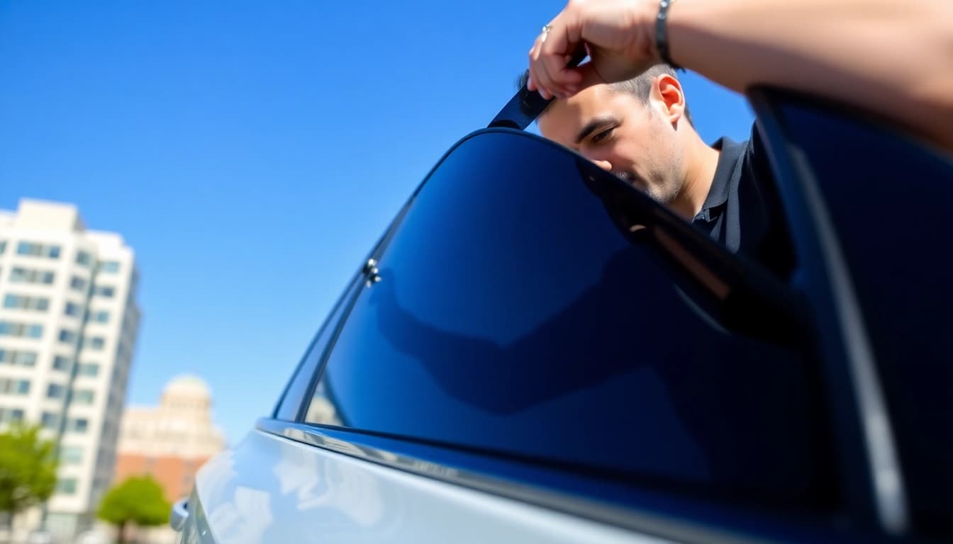 Applying window tinting Cleveland TN on a car, showcasing professional services and bright urban setting.