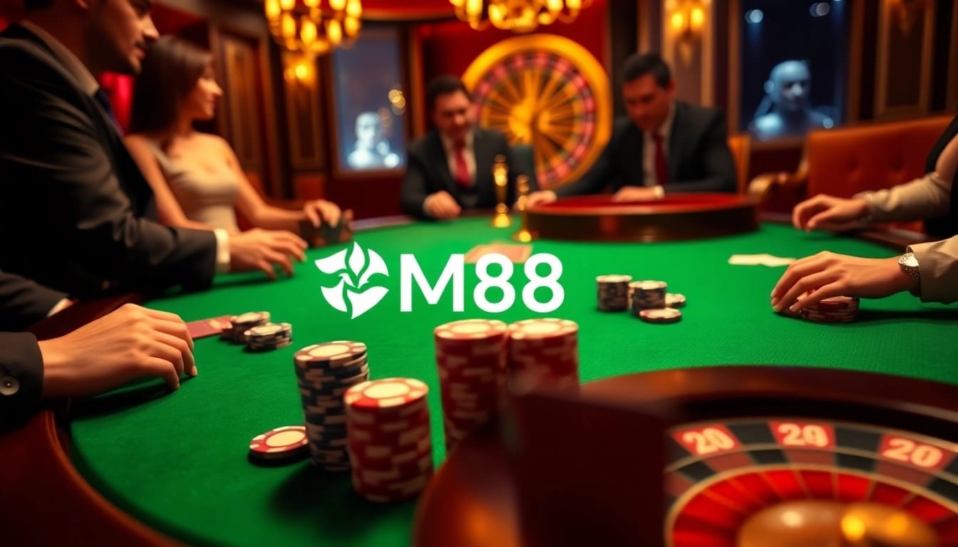 Players enjoying a high-stakes poker game at MM88 casino table with colorful chips.