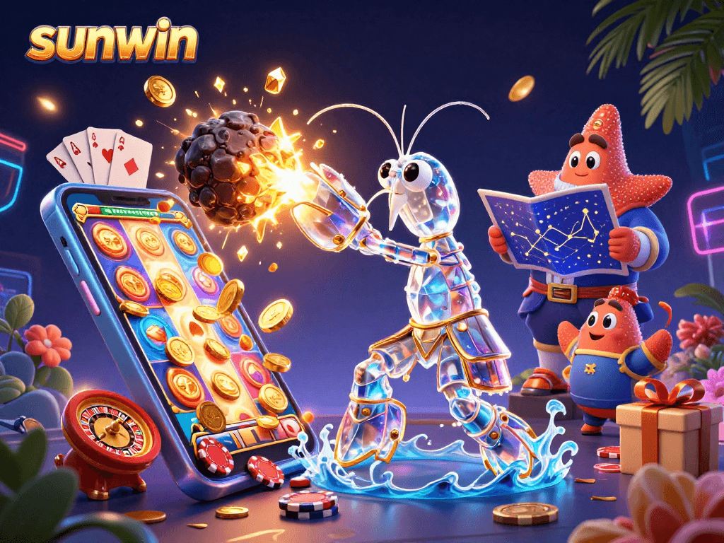 Join the excitement with sunwin as the mantis shrimp battles asteroids for golden gems in this vibrant casino scene.