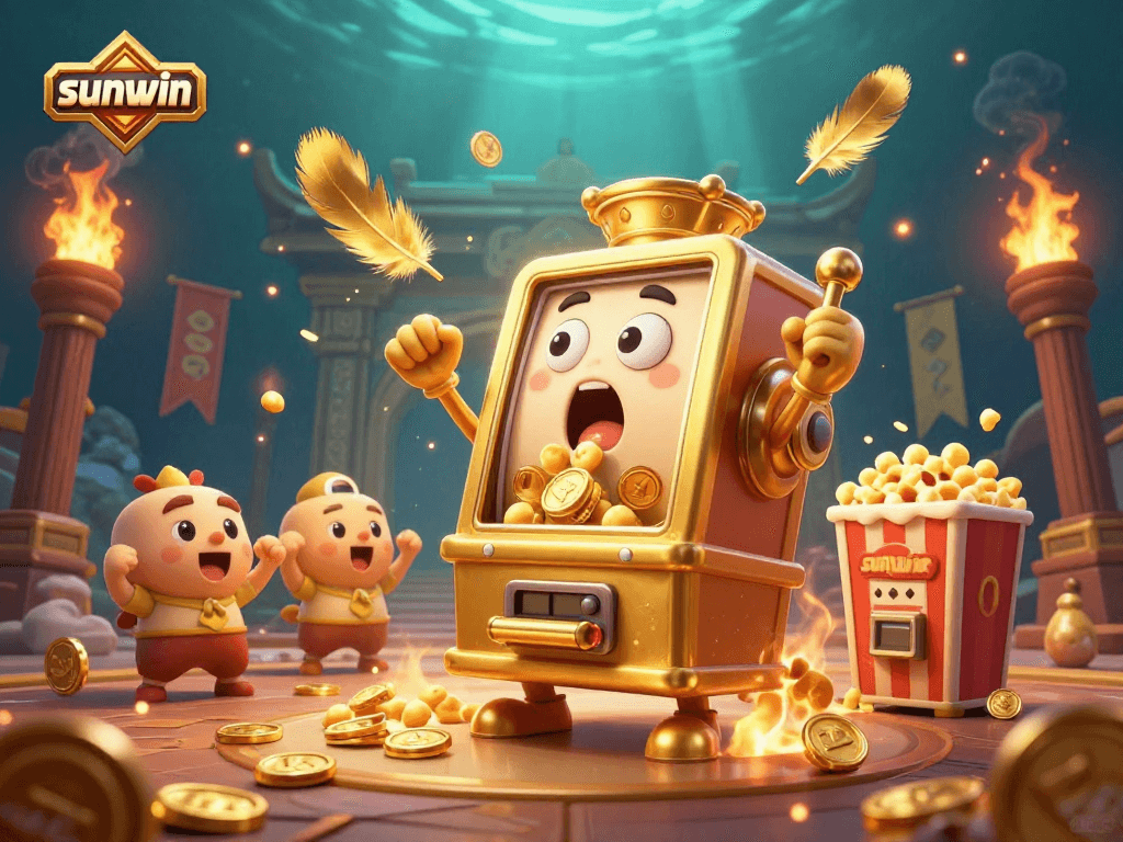 Sunwin slot machine hitting jackpot, surrounded by cheering machines and golden coins.
