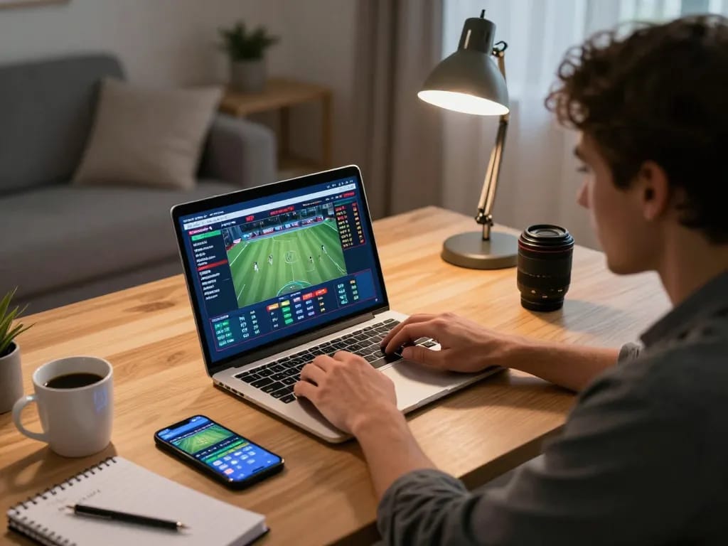 Engaging in online sports betting at https://ga88bet.com/ with live odds displayed on laptop and smartphone.