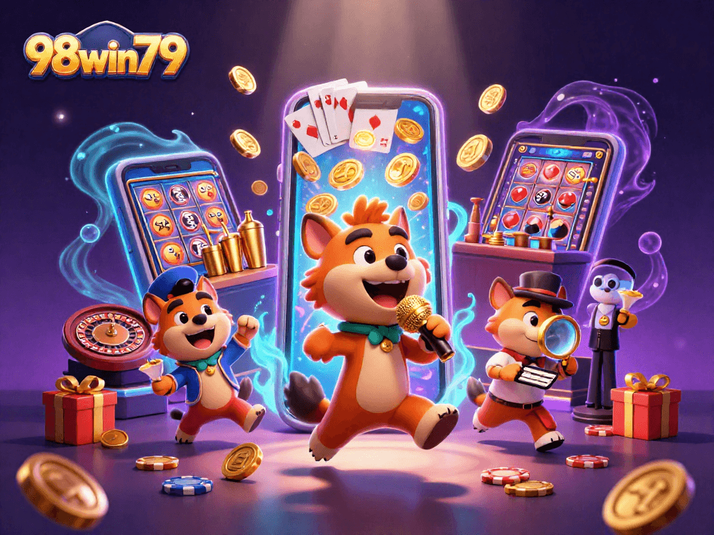Engage with 98win79 in a vibrant casino club scene filled with laughter, drinks, and exciting gaming elements.