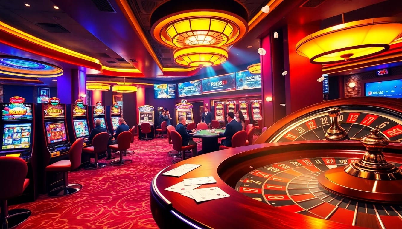 Experience the excitement of PS99 with vibrant casino tables, slot machines, and poker players.