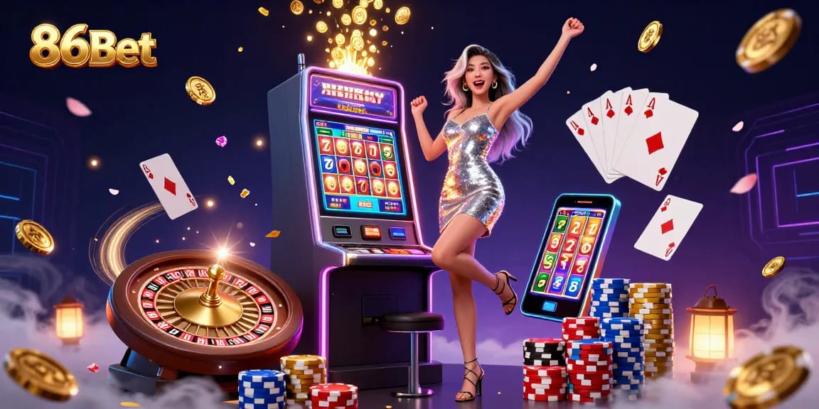 86Bet celebrates with a stunning Asian woman beside a jackpot slot machine, surrounded by cascading coins and poker elements.