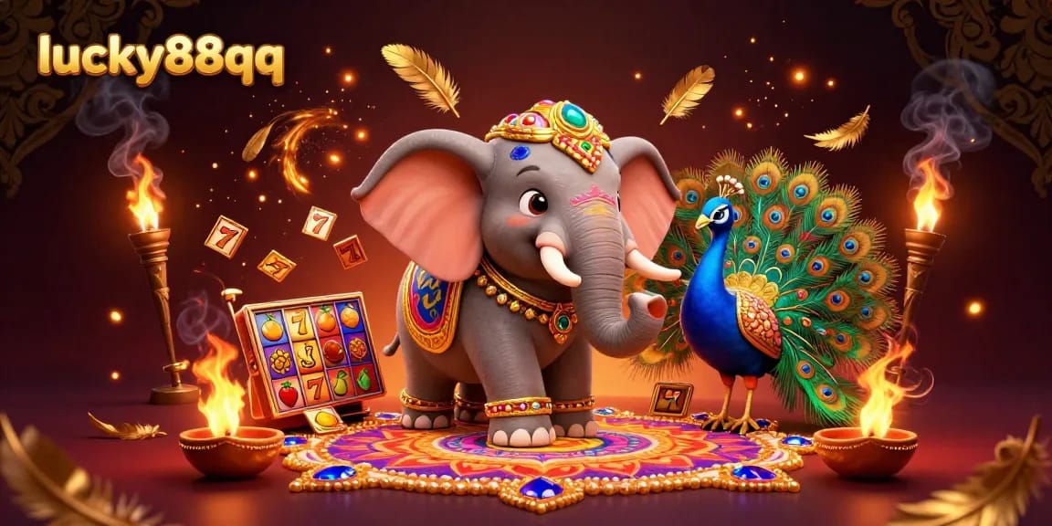 Experience the vibrant atmosphere of lucky88qq's casino with this 3D illustration featuring a Diwali-themed elephant, peacock, and slot elements.