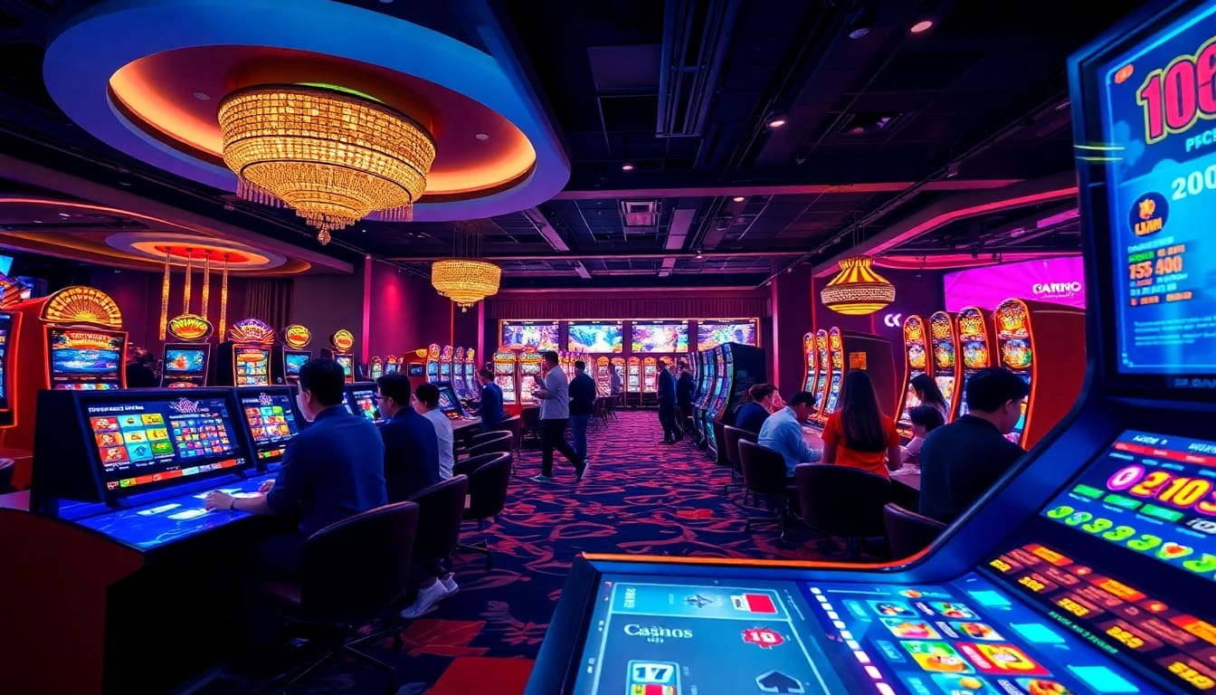 Exciting gaming atmosphere at 98win online casino, showcasing live dealers and vibrant slots.