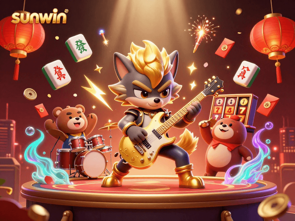 Experience excitement at sunwin with a rock star wolf and drummer bear on a vibrant casino stage.
