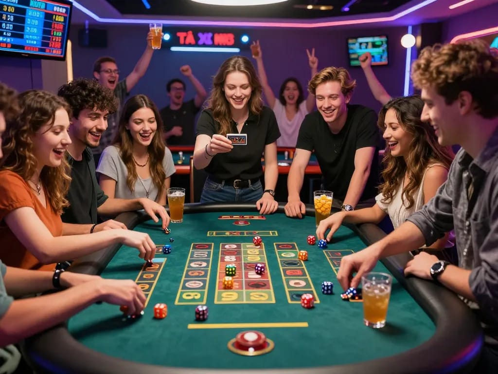 Exciting group of friends playing tài xỉu md5 with colorful dice and digital scoreboard in a vibrant atmosphere.