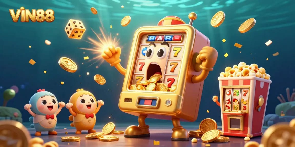 Celebrate wins with VIN88 as the joyful slot machine hits a jackpot, surrounded by cheering mini machines and golden sparks.