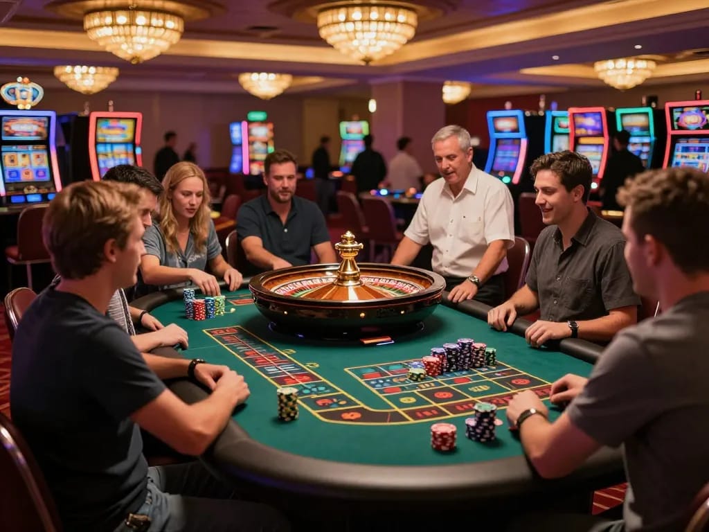 Engaged players at a roulette table in u888 casino, vibrant scene showcasing excitement and strategy.
