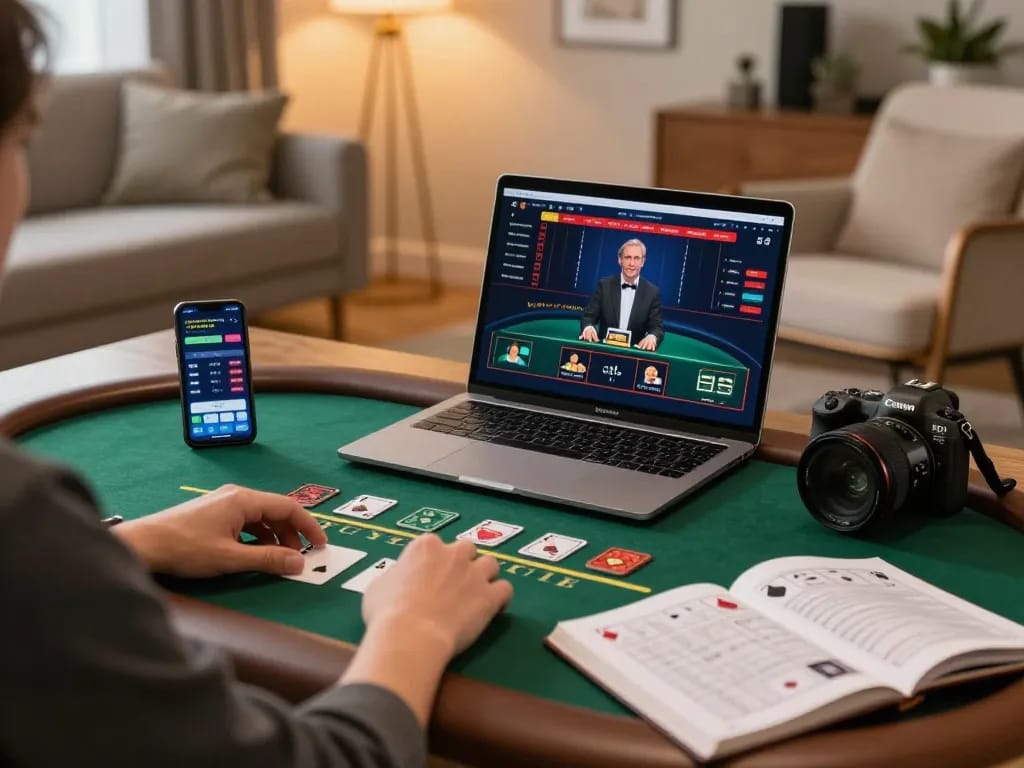 Engaging in live dealer blackjack on 98win with a stylish online setup and strategic notes.
