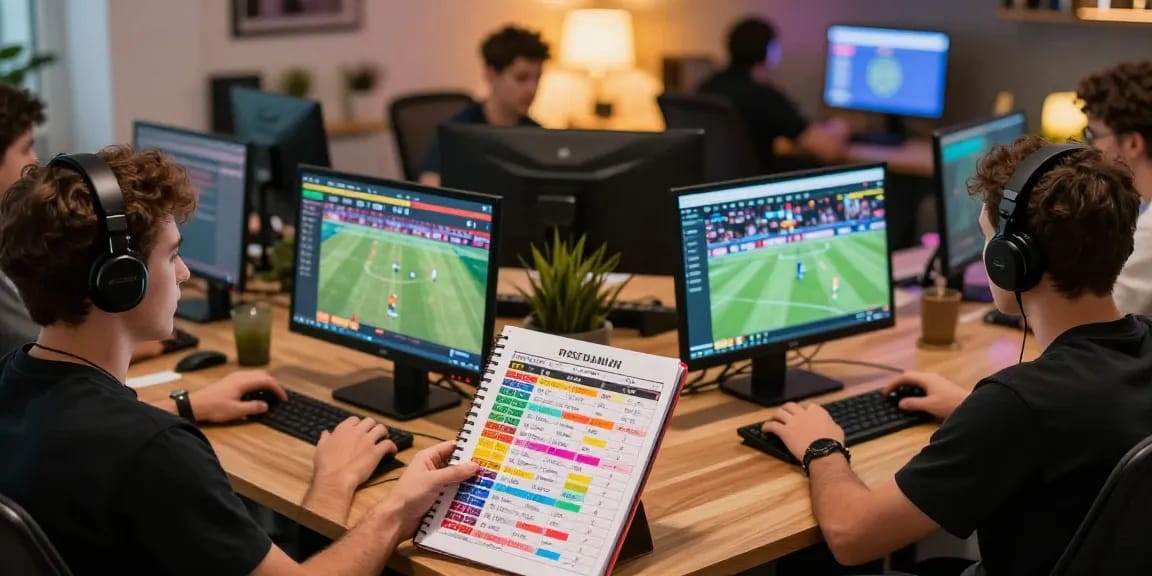 Zahraniční sázkové kanceláře v akci - skupina hráčů analyzuje sázkové možnosti a živé sporty v moderním prostředí.