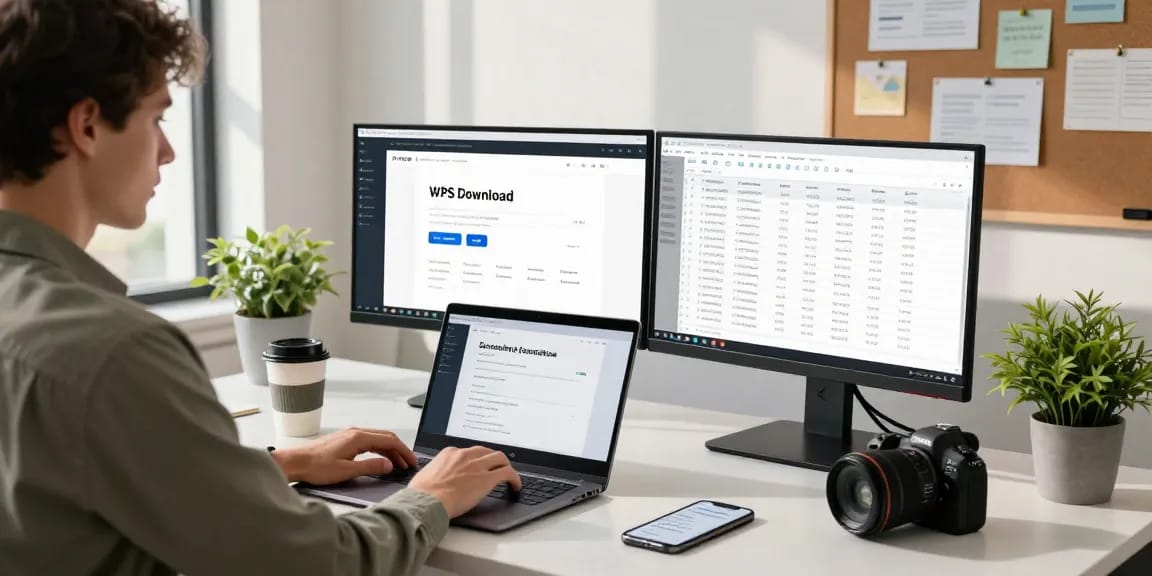 WPS Download page displayed on laptop in a modern workspace.