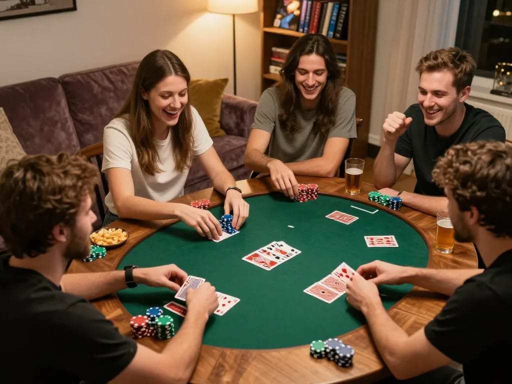 Friends enjoying an engaging poker night at home with LC88 games and lively atmosphere.