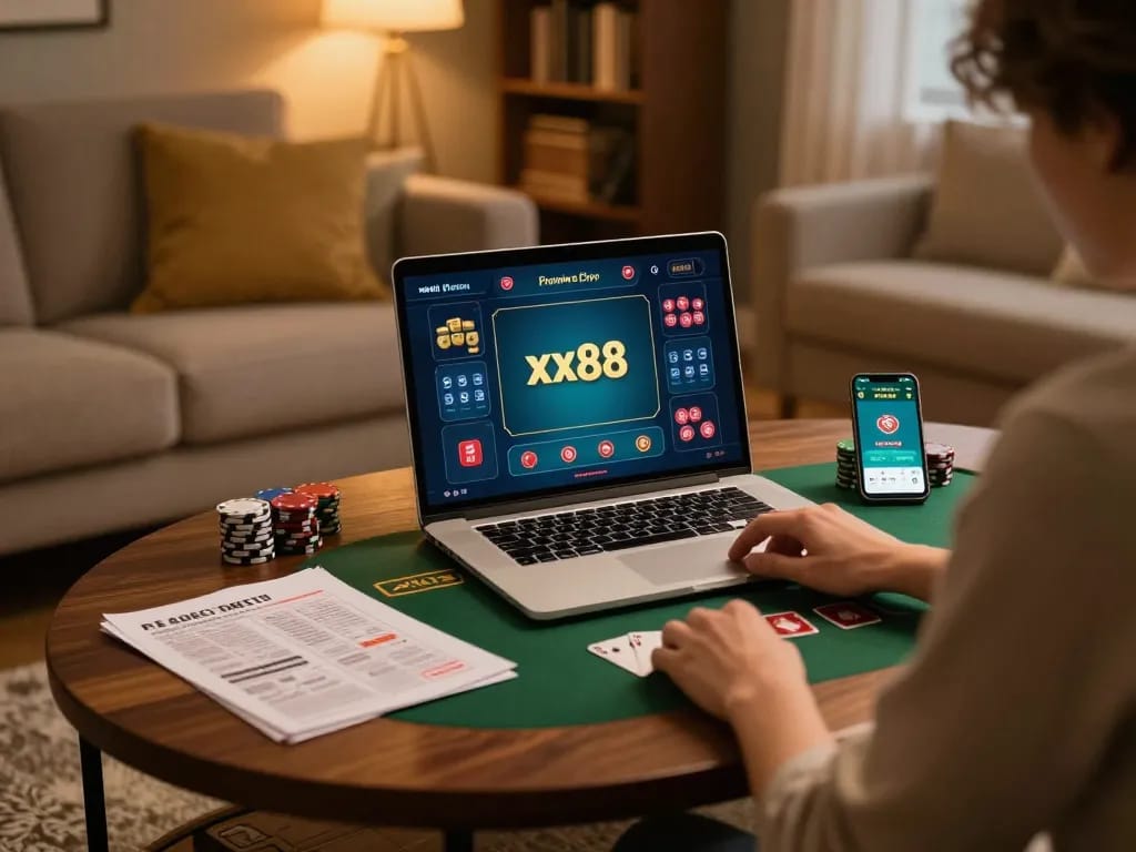 xx88 user enjoying an engaging poker game experience in a cozy home setup.