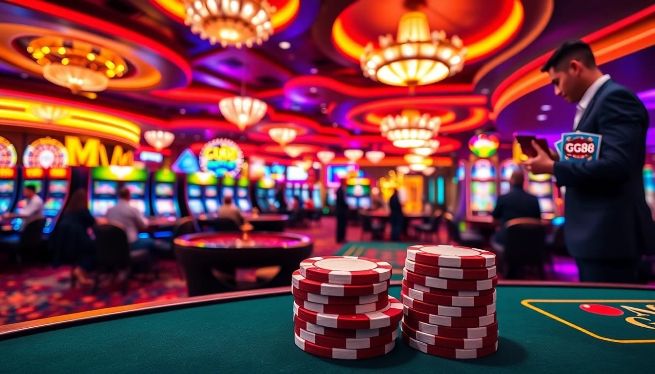 Experience the excitement of GG88 at a luxurious casino filled with vibrant slot machines and poker tables.