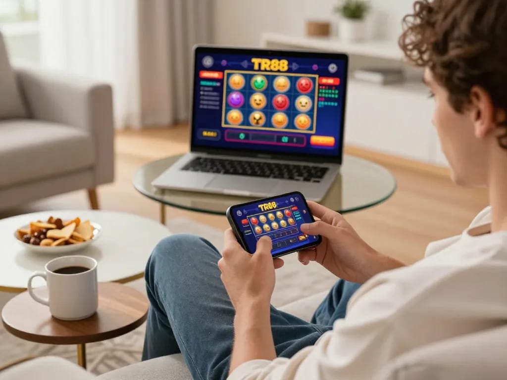 Player enjoying the TR88 casino app on smartphone with vibrant slots and games in a cozy home setting.