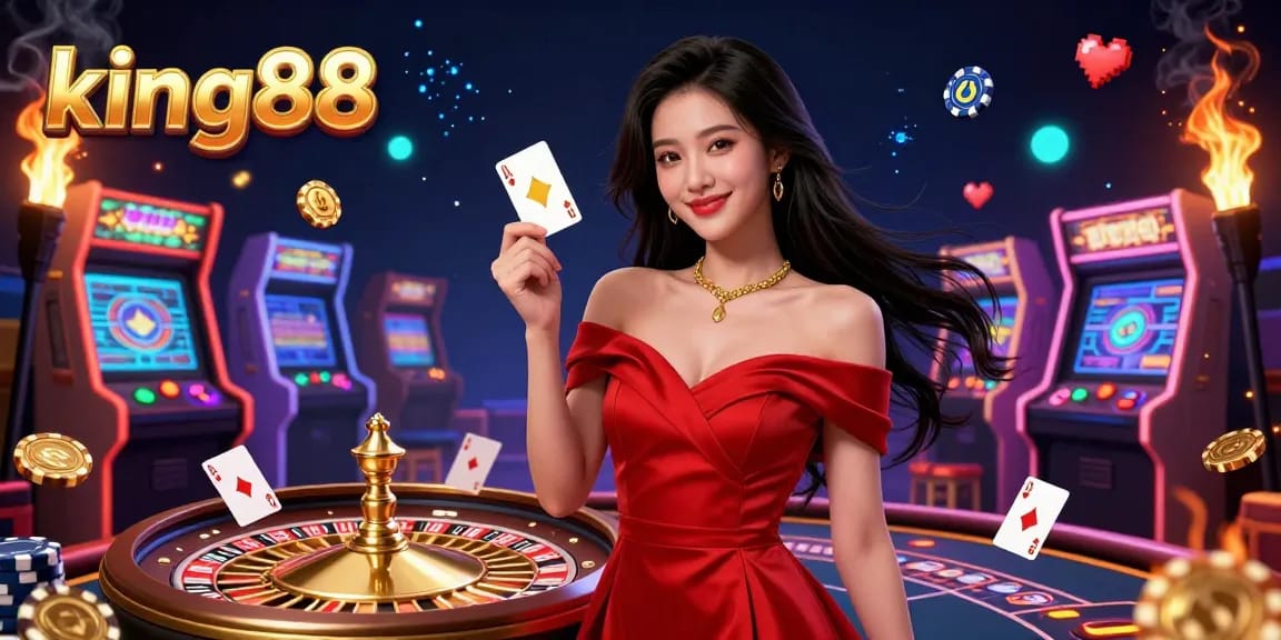 Experience thrilling gameplay with king88 at a vibrant casino featuring a beautiful dealer and golden roulette wheel.