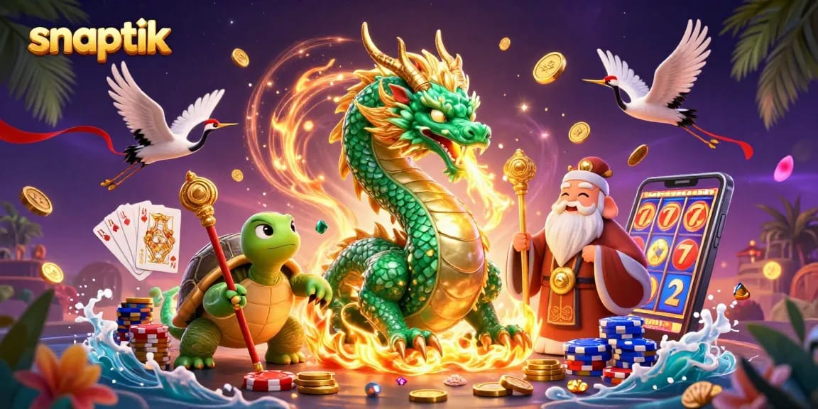 Engage in exciting gaming with snaptik's vibrant dragon illustration featuring lively casino elements.
