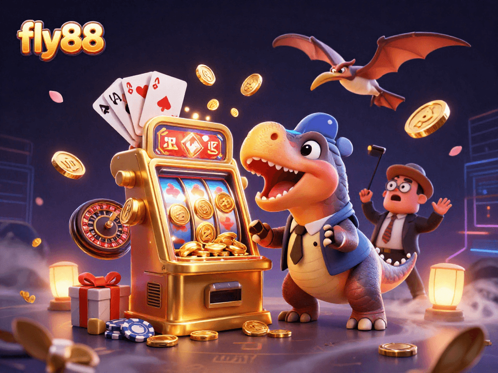 Experience excitement with fly88 as a dinosaur hits a jackpot slot machine amidst flying coins and vibrant casino elements.