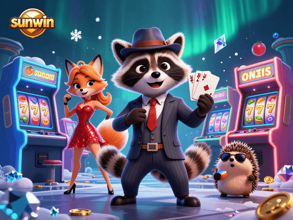 Experience sunwin in this vibrant 3D casino scene with raccoon, fox, and hedgehog characters.