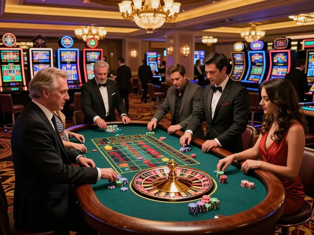 KP88 players placing bets at a thrilling roulette table in a luxurious casino setting