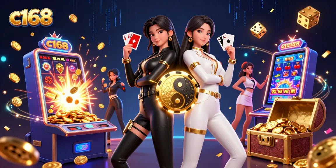 C168 casino illustration with twin Asian women showcasing gaming elements for an engaging online experience.