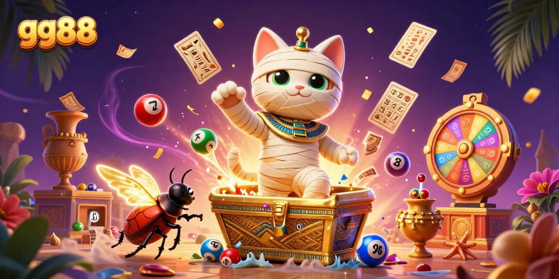 Experience the excitement of gg88 with a vibrant casino scene featuring Egyptian and lottery elements.