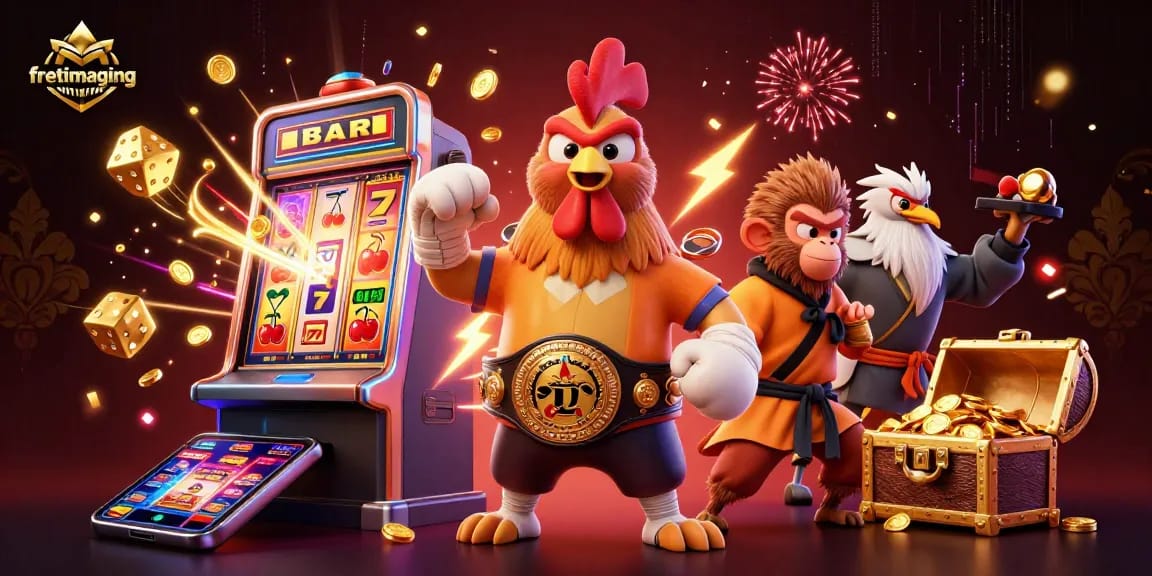 Experience thrilling gaming with fretimaging in this vibrant casino illustration showcasing action-packed characters and slot machine excitement.