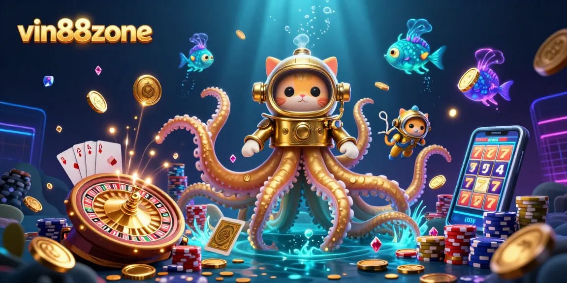 Experience the excitement of vin88zone with a lively underwater casino scene featuring a kraken and a diving cat.