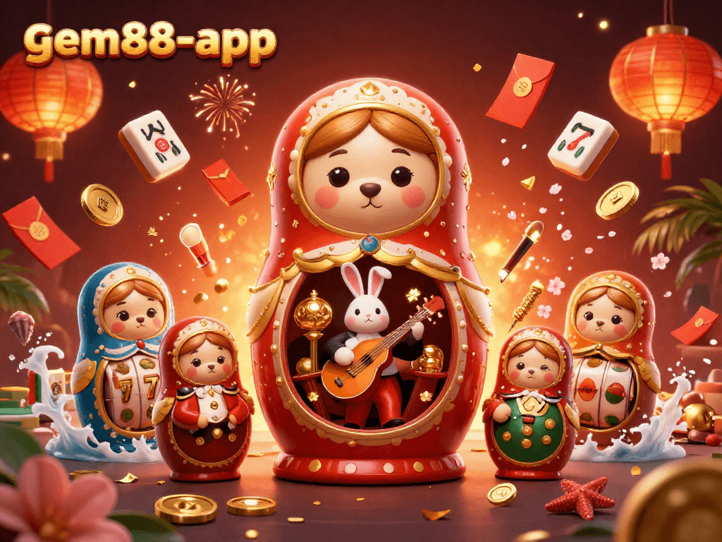 Engage with gem88-app’s vibrant casino scene featuring animated characters and festive casino symbols.