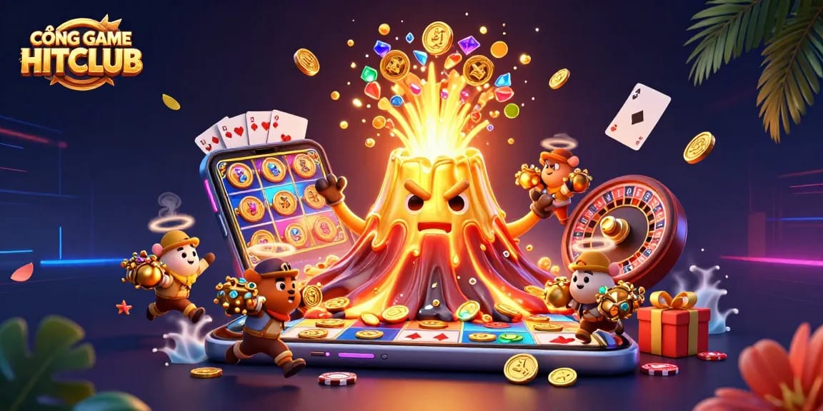 CỔNG GAME HITCLUB brings exhilarating excitement with a dynamic scene of a golden volcano erupting treasures, surrounded by vibrant casino elements.