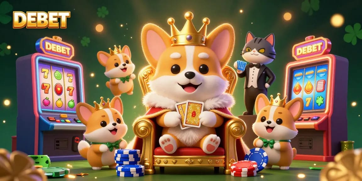 DEBET engages players with a lively 3D casino scene showcasing royal corgis and vibrant slot machines.