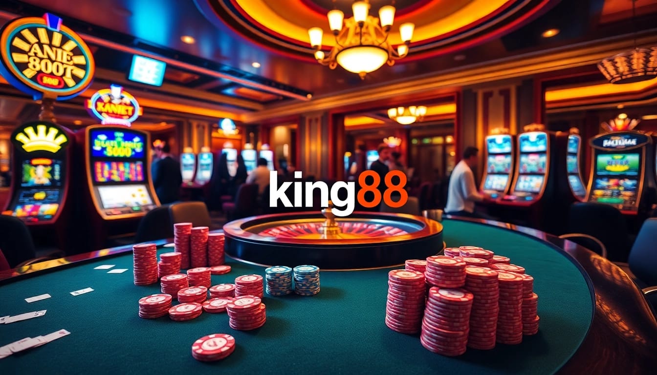 Players engage at a vibrant casino scene showcasing king88's thrilling gambling atmosphere.