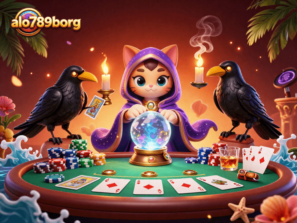 Experience the thrill of alo789borg casino with vibrant poker elements and mystical characters.