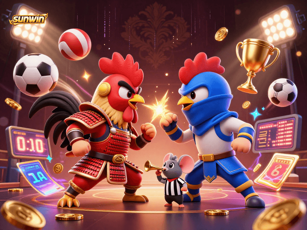 Experience intense moments with sunwin as cartoon roosters battle in a dynamic gambling scene.