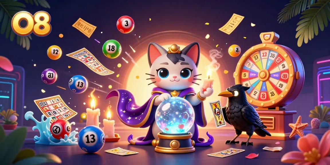 Engage with O8's vibrant lottery scene featuring a mystic cat and tarot raven.