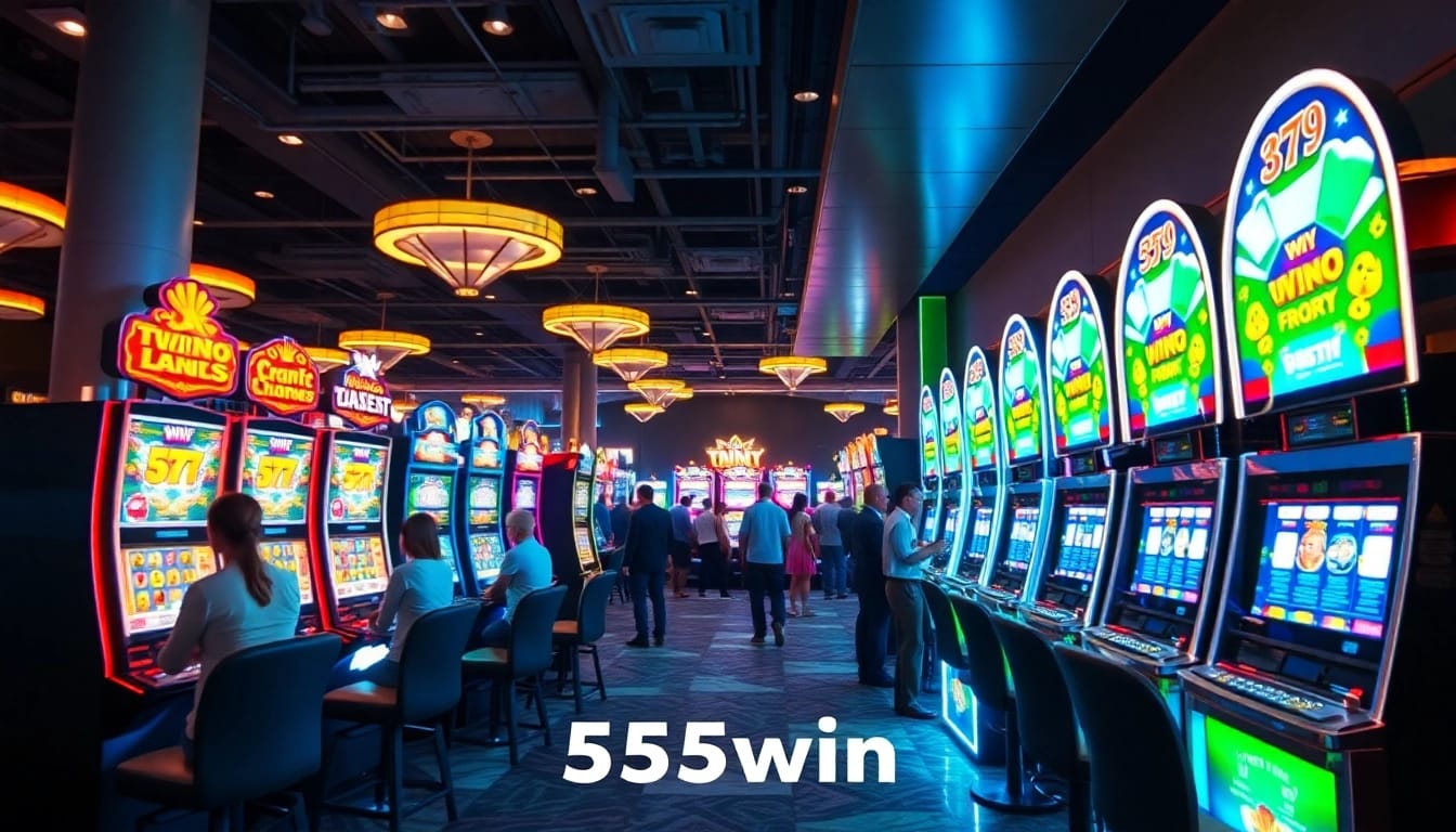 Exciting casino scene with 555win-themed slot machines and players enjoying a vibrant atmosphere.