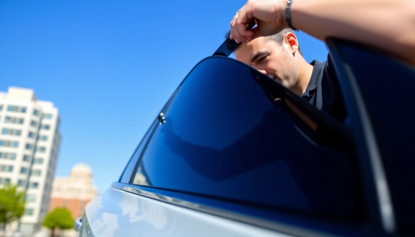 Applying window tinting Cleveland TN on a car, showcasing professional services and bright urban setting.