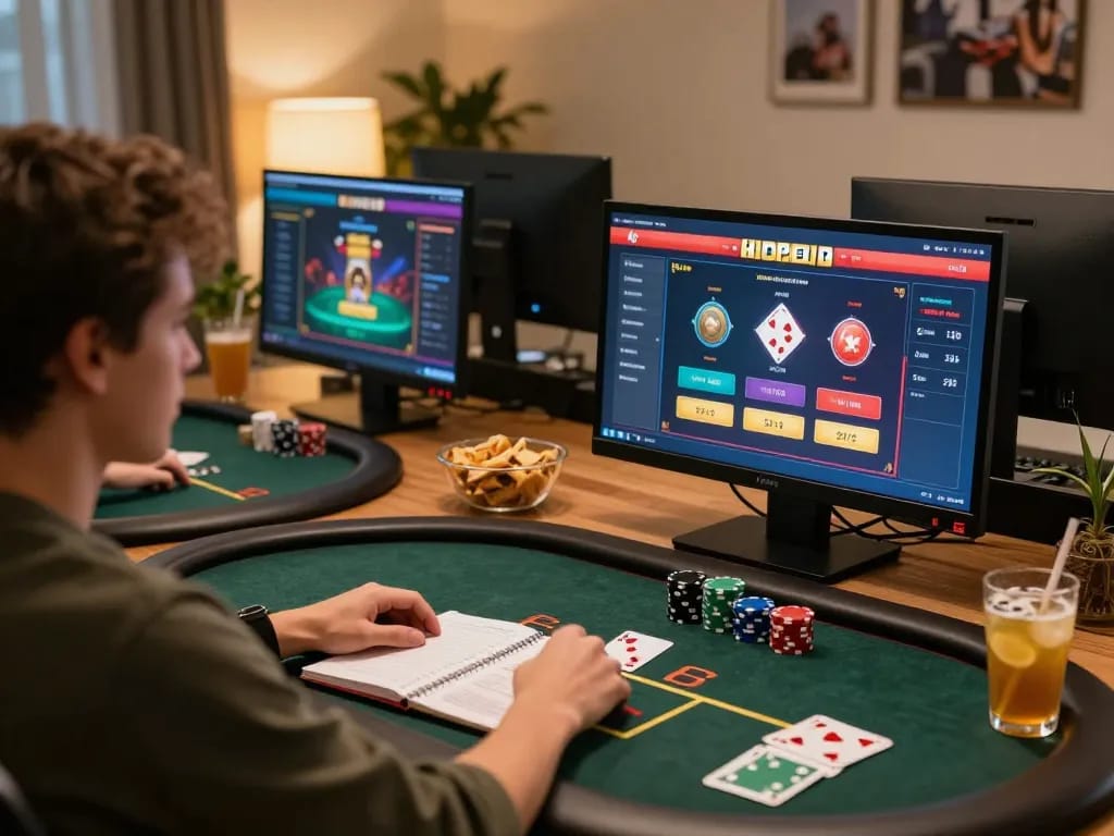 Engaging poker gameplay on OK365's online platform with strategic notes nearby.