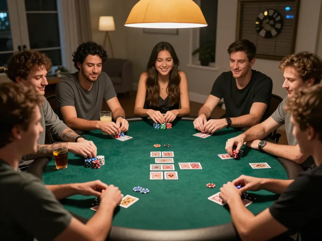 Exciting home poker game night scene with friends playing at tt88 com table amidst friendly competition.