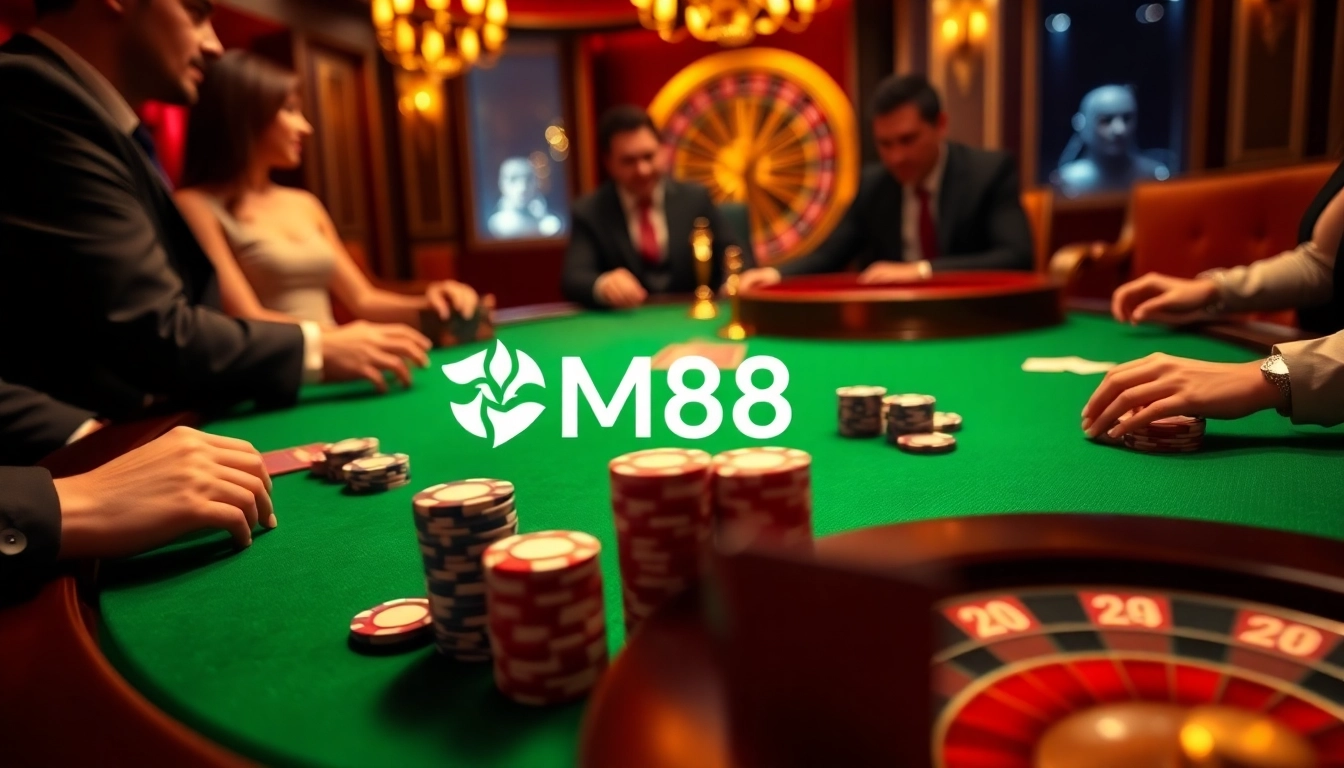 Players enjoying a high-stakes poker game at MM88 casino table with colorful chips.