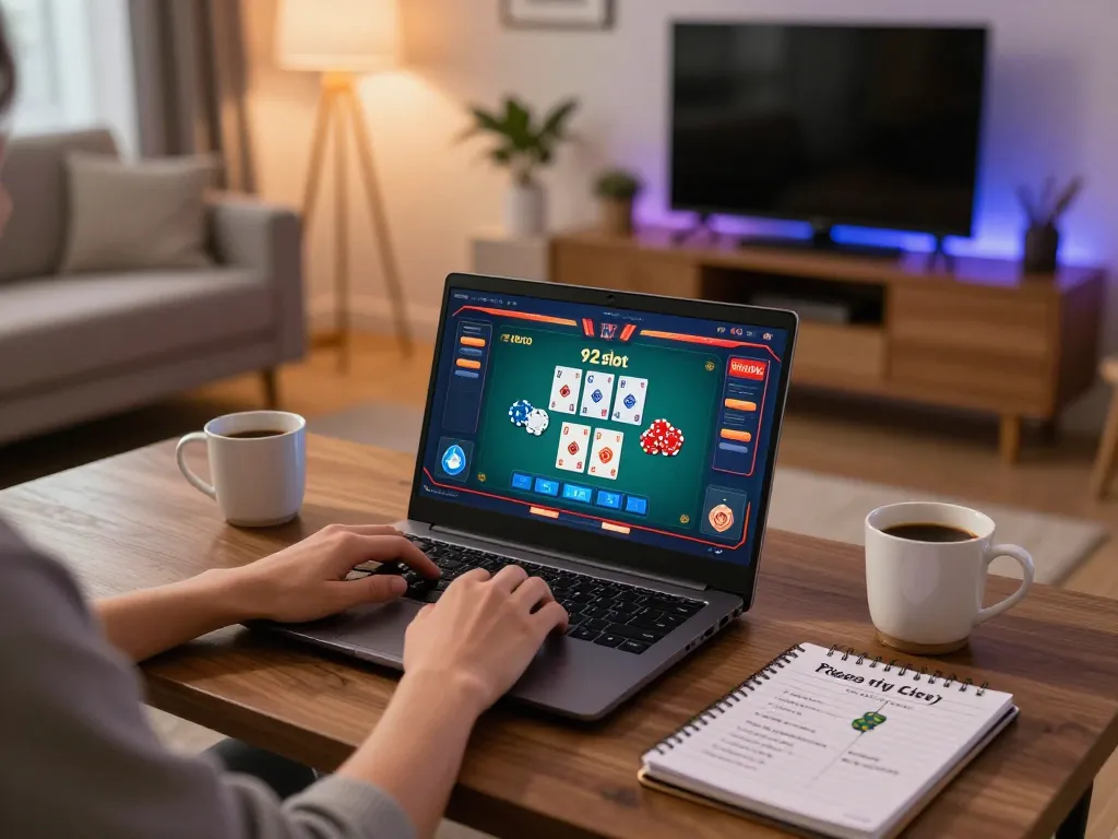 Engaging in 92slot online gaming with laptop and strategic notes at home