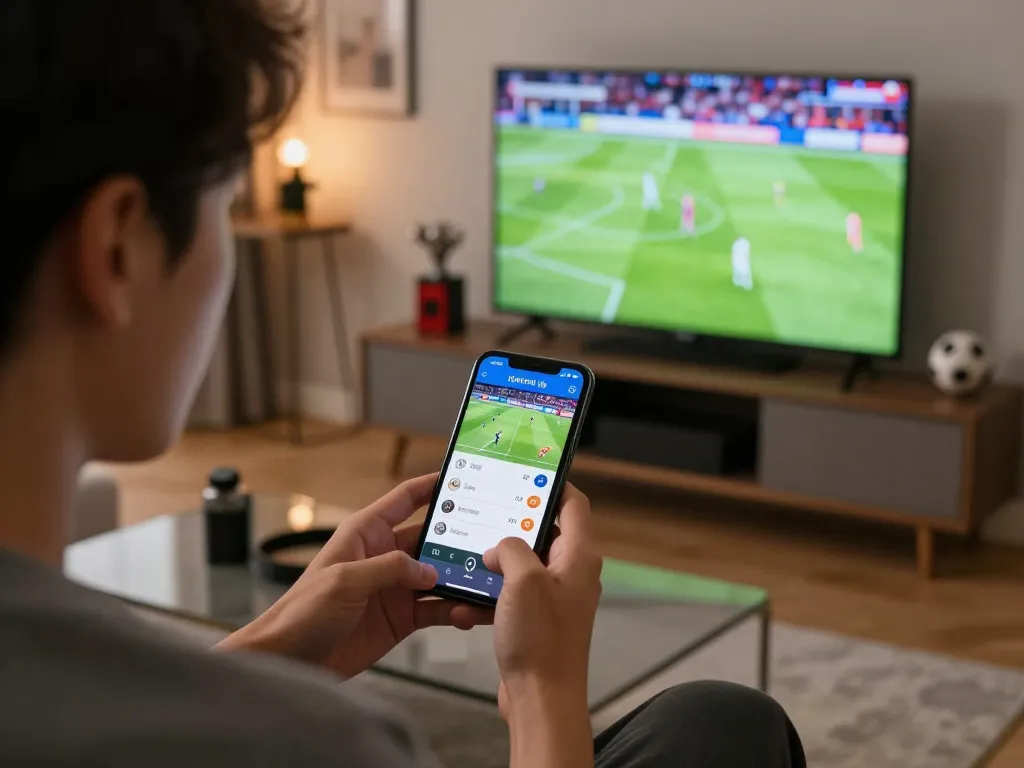 Betting on live football vip app during an exciting match in a cozy home setting