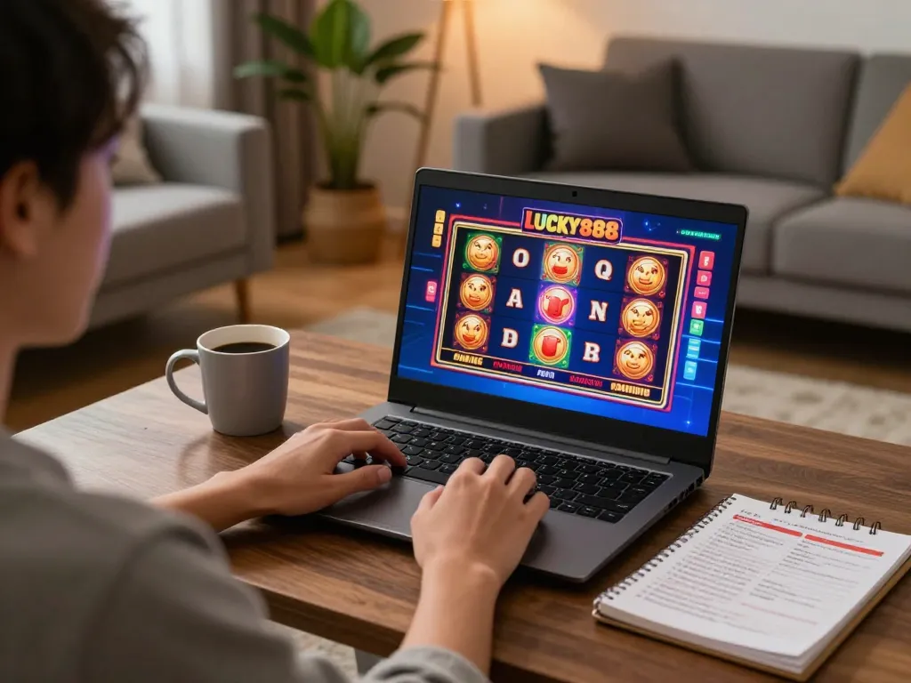 Engaging in lucky888 online gaming, a person analyzes strategies at home with a laptop.