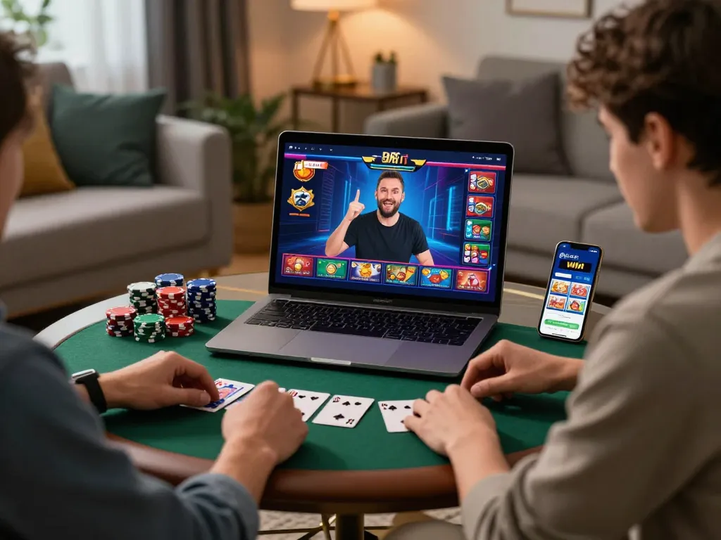 Player enjoying 98win online casino gaming with live dealer on laptop surrounded by poker chips and cards.