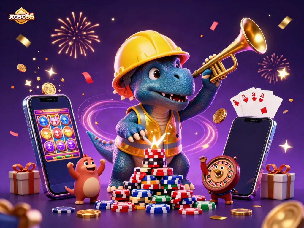 Experience an exhilarating xoso66 scene with a triceratops building poker chips, rich casino elements, and vibrant celebration.