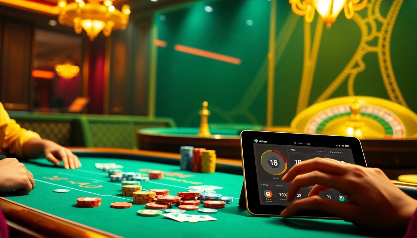 Players enjoying a thrilling game at UU88 casino table, showcasing excitement and luxury in gambling.
